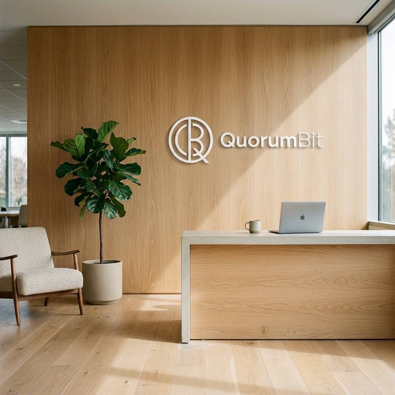 Recepción de la oficina de QuorumBit con el logotipo en una pared de madera clara, un escritorio y una planta