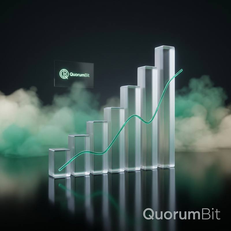 Columnas de cristal ascendentes atravesadas por una línea verde de tendencia, con el logotipo de QuorumBit